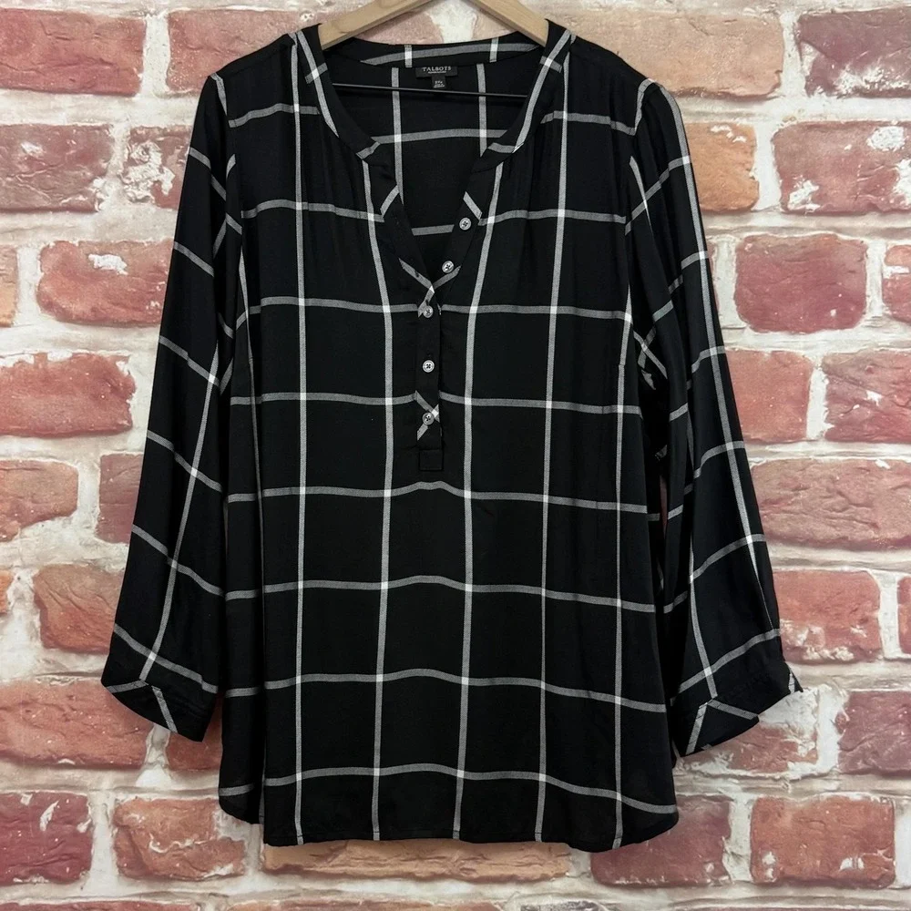 Talbots Top Women's 2X Petite Black White Windowpane Plaid Casual Popover Shirt